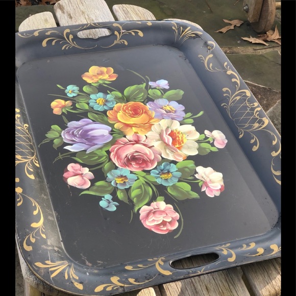 Vintage large painted tole metal tray - Picture 3 of 13